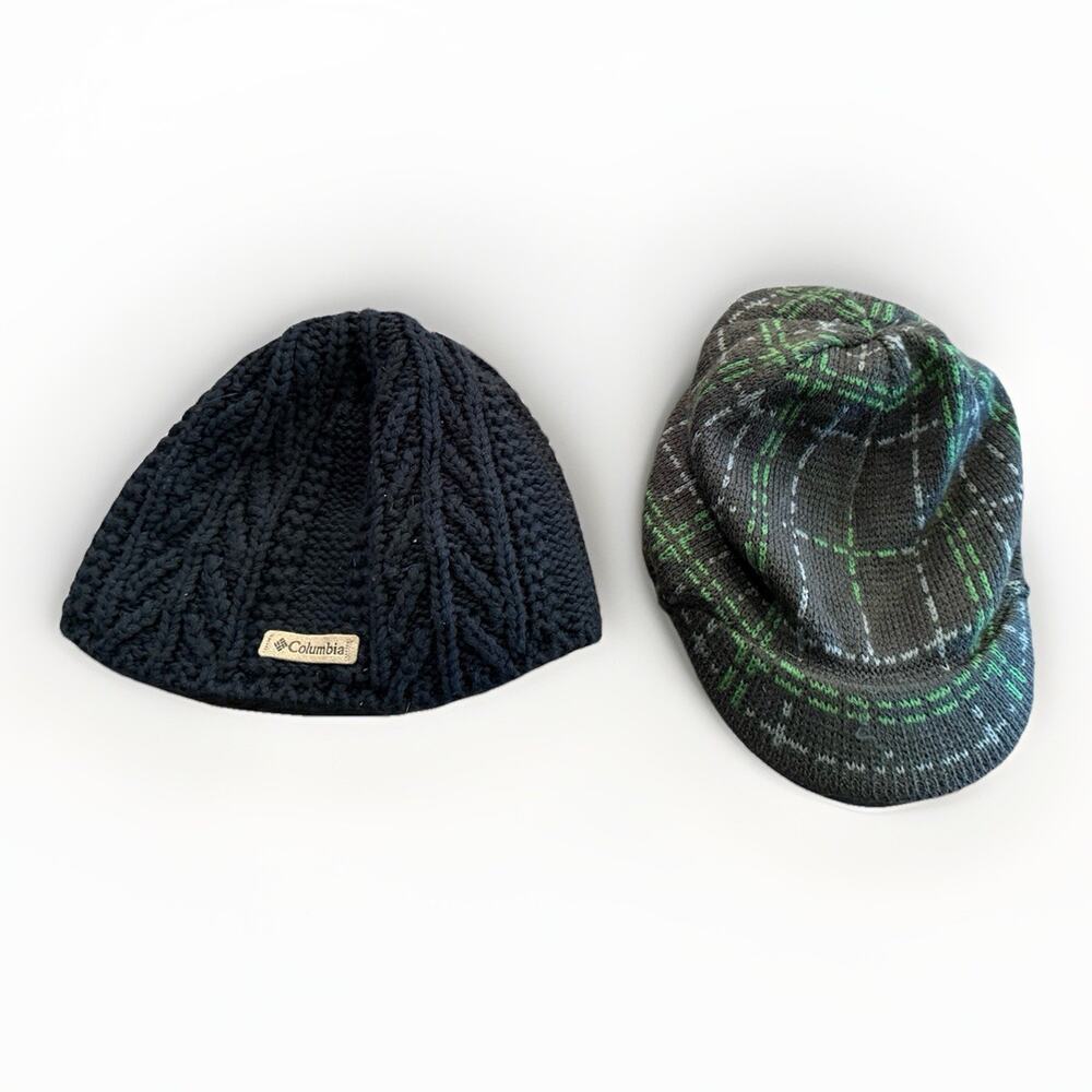 Lot Of 2 Columbia Unisex Black Gray Green Knit Beanie Hat One Size Warm Cap